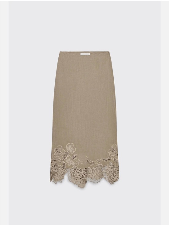 Zara Dresses & Skirts - Zara lace/embroidered trim tan midi skirt size XS